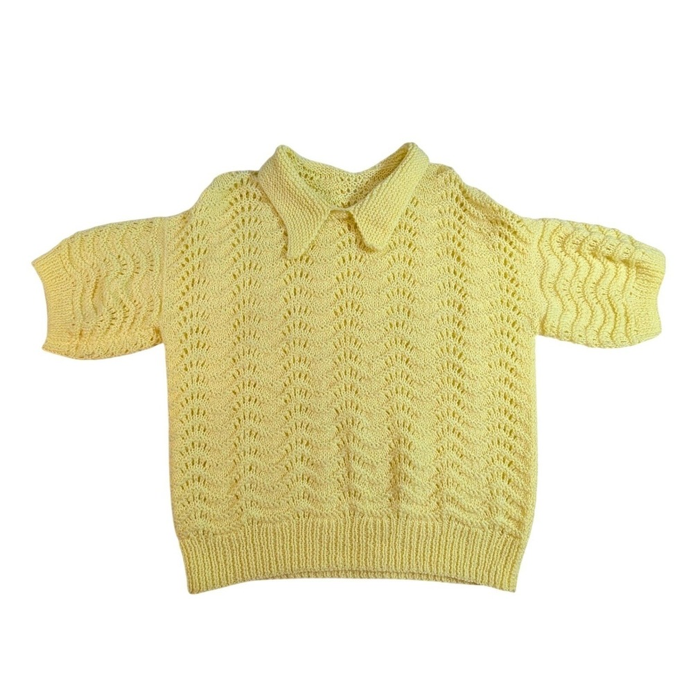 Vintage Yellow Knit Polo Shirt Short Sleeve Crochet Lace Womens READ - Picture 2 of 10
